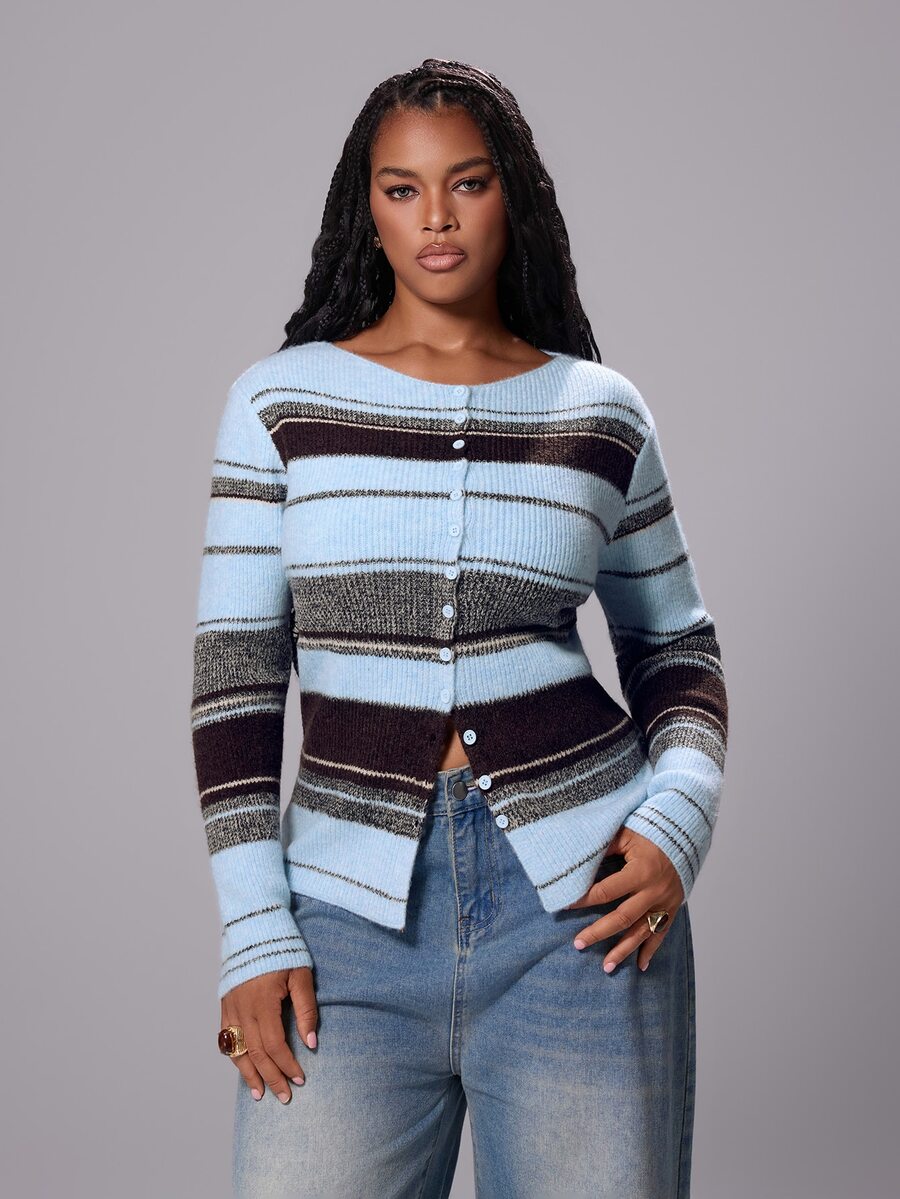 Rustia Plus Size Women's Striped Long Sleeve Single-Breasted Casual Knit Cardigan - Multicolor - View 1