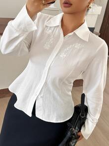 Dazy Plus Floral Embroidered Fitted Waist Long Sleeve Collared Elegant Vacation Spring Autumn Blouse Shirt - White - View 3