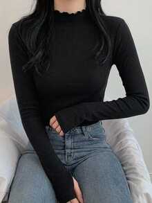 DAZY Women's Solid Color Mock Neck Fitted Base Layer T-Shirt - Black - View 6