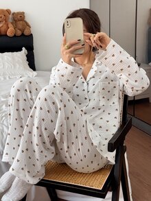 Napfluff Heart Print Lapel Long Sleeve Long Pants Pajama Set - Beige - View 8