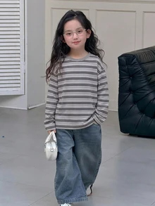 Dazy Kids (Tween Girl) 條紋寬鬆休閒長袖基礎打底T恤，秋季 - 灰色 - 查看 5