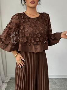 Elenzga 女款優雅花卉裝飾百褶洋裝，適合婚禮、生日派對及其他場合 - 咖啡棕 - 查看 3