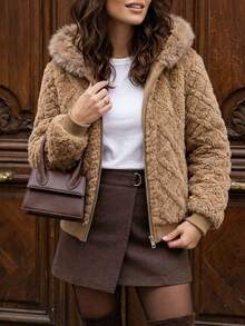 Cévolie Women's Elegant Autumn/Winter Commuter Coat With Double-Sided Fleece Jacquard Fabric And Fur Trim - Brown - View 4