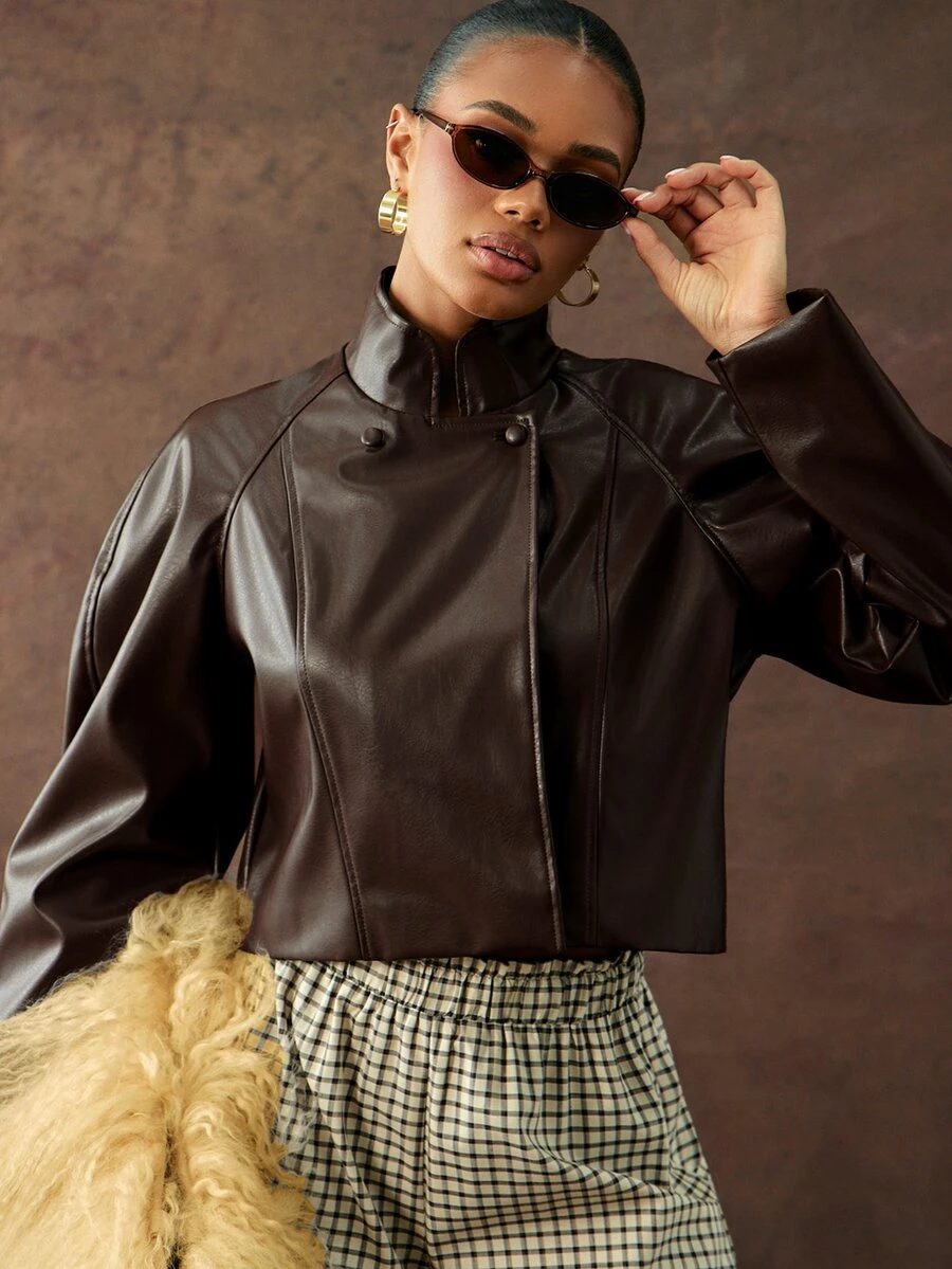 Hauture Women's Streetwear Button Long Sleeve PU Material Jacket - Brown - View 1