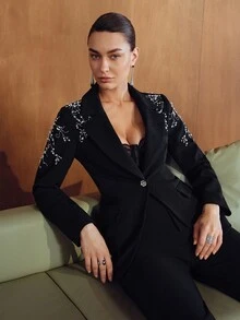 MOTF PREMIUM WOMEN'S AUTUMN/WINTER ELEGANT BEADED & EMBROIDERED BLAZER - Black - View 2