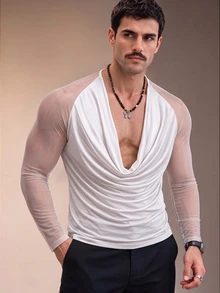 ZURIURI 男士網格拼接披肩領休閒科技感性感電音派對多功能日常穿搭T恤 白色 秋季 - 白色 - 查看 8