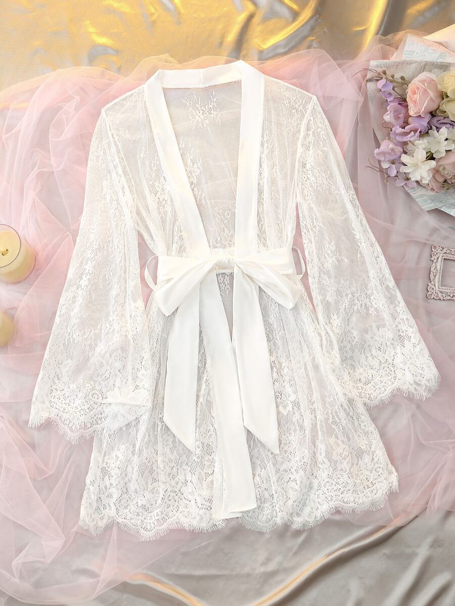 DelicateAllure White Lace Patchwork Sheer Satin Romantic Babydoll Nightgown For Women - White - View 1