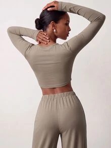 Zivah Women's Olive Green Fashion Slim Fit Long Sleeve Straight Leg Pocket Pants Sportswear Set Athletic Casual Workout For Fall Winter - Brown - View 6