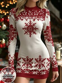 NostaNoir Women's Snowflake Pattern Round Neck Long Sleeve Slim Fit Casual Short Dress - Red and White - View 1
