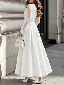 Velvienne Plus Size Women's Mesh Patchwork Pleated Casual Party Dress - White - View 2