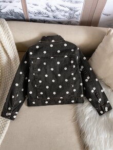 SHEIN 女童牛仔波點牛仔夾克外套，翻領水洗牛仔長袖夾克，秋季牛仔女孩牛仔風 - 棕色 - 查看 2