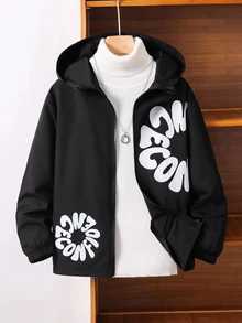 SHEIN 兒童男孩休閒字母圖案印花連帽外套，輕量寬鬆版型拉鍊連帽夾克，黑色秋季開學季冬季外套 - 彩色 - 查看 3