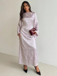 Aloruh 女款緹花喇叭袖修身優雅洋裝 - 紫丁香色 - 查看 6