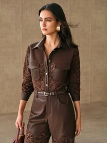 Anewsta Women's Autumn/Winter PU Contrast Lace Blouse - Brown - View 4