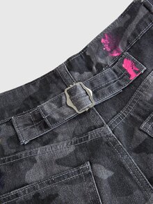 ROMWE Street Life Y2K Music Festival Casual Street Graffiti Ink Print Washed Light Blue Versatile Women's Jeans - Grey - View 5