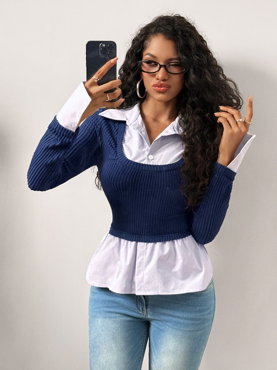 BamGleam قميص محبوك 2 في 1 بتصميم موصول مع حافة مكشكشة، طول قصير وأكمام طويلة، طبقة أساسية - الأزرق - مشاهدة 1