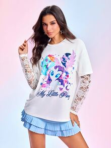 My Little Pony X SHEIN Women's Letter Cartoon Graphic Print Lace Patchwork T-Shirt - White - View 3