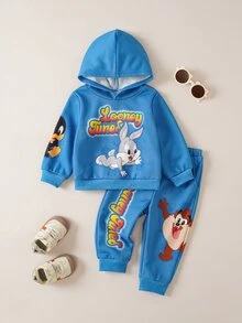 LOONEY TUNES X SHEIN Baby Boy Letter Cartoon Print Long Sleeve Sweatshirt And Pants Set - Blue - View 1