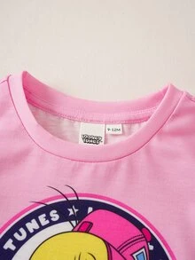 LOONEY TUNES X SHEIN Baby Girl Cartoon Pattern Print Round Neck Short Sleeve Top - Pink - View 3