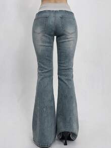 Livesso Deep Blue Washed Distressed High Waist Loose Flare Wide Waistband Design Cargo Style Casual Denim Jeans For Women Fall - Blue - View 2