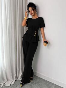 Selianne Ladies' Summer Commuter Set, Waist Cinching Button-Up Top + Elastic Waist Wide-Leg Pants, Commuter Office Green Belt Pocket Two Pieces Set - Black - View 8