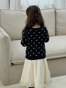 DAZY Baby Girl Polka Dot Pattern Long Sleeve Single-Breasted Knit Cardigan - Black - View 2
