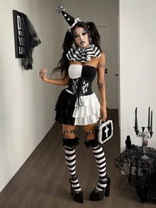 Coolane Đầm quây nữ sexy phối màu, gấu bèo nhún - Đen và trắng - Xem 2