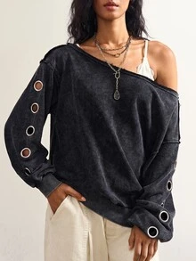 Bohemela Women's Fashion Streetwear Asymmetrical Shoulder Eyelet Sweatshirt - Black - View 6