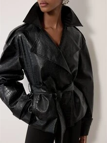 MERLEAU Women's Modern Sexy Elegant Black Textured Belt Design Jacket Night Out Fall - Black - View 4