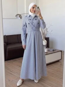 Solavon Women's Embroidered Design Striped Long Sleeve Button Half-Placket Casual Shirt Long Dress - Blue and White - View 3