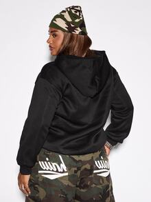 ROMWE Grunge Punk Plus Size Women's Letter Print Long Sleeve Zip-Up Hooded Sweatshirt - Black - View 7
