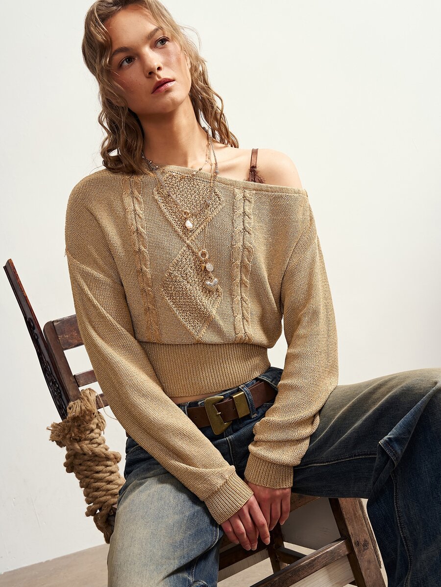 Bohemela Women's Solid Color Asymmetrical Shoulder Casual Daily Long Sleeve Sweater - Gold - View 1
