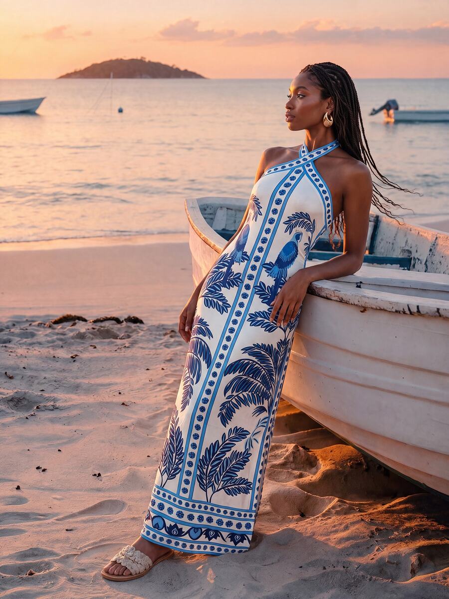 CAJUNI Tropical Vacation Elegant Off-White Royal Blue Tropical Knitting Midi Dress - Blue and White - View 1