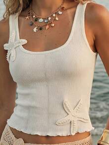 CAJUNI Casual-Chic Tropical Modest Summer Vacation Tank Top Featuring Special 3D Floral Embellishment-Elegant Beach Style. Off-White - Khaki - View 1