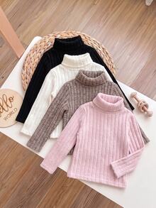 SHEIN 4件組女嬰刷毛彈性羅紋高領長袖基礎套頭上衣，適合冬季 - 彩色 - 查看 6