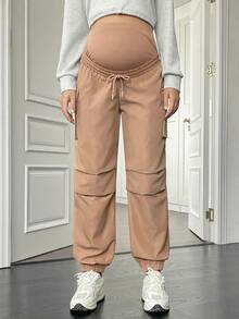 SHEIN Maternity Solid Color Adjustable Waist Casual Daily Long Pants - Khaki - View 3