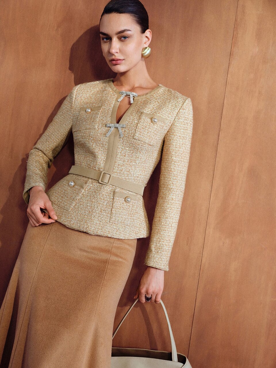 MOTF WOMEN'S AUTUMN/WINTER BOW DECOR BUTTON DESIGN LONG SLEEVE ELEGANT JACKET