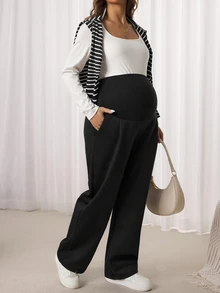 SHEIN Maternity Solid Color Adjustable Waist Thermal Lined Wide Leg Loose Long Pants - Black - View 2