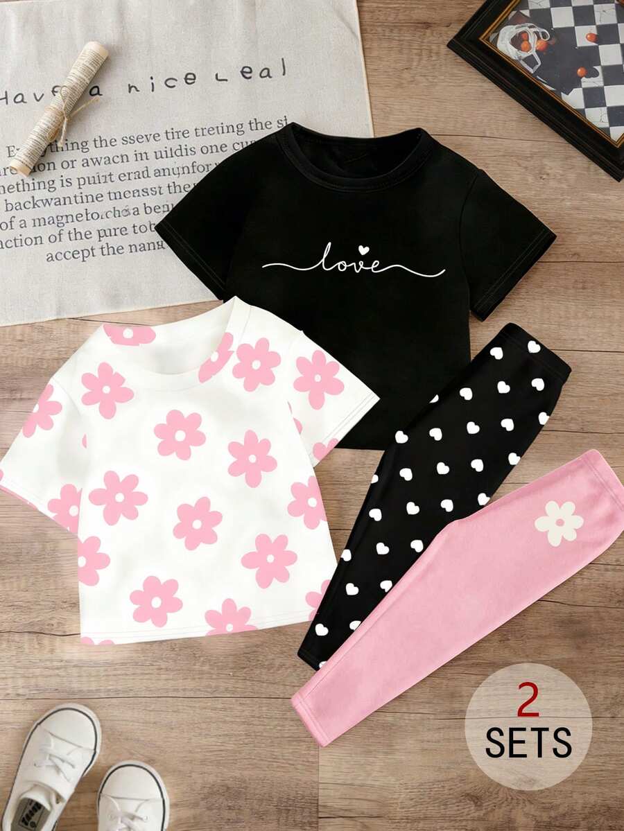 SHEIN 4件組女童休閒時尚黑白可愛極簡風愛心、花卉、字母印花短版T恤與內搭褲套裝,適合夏季度假日常穿著 - 彩色 - 查看 1