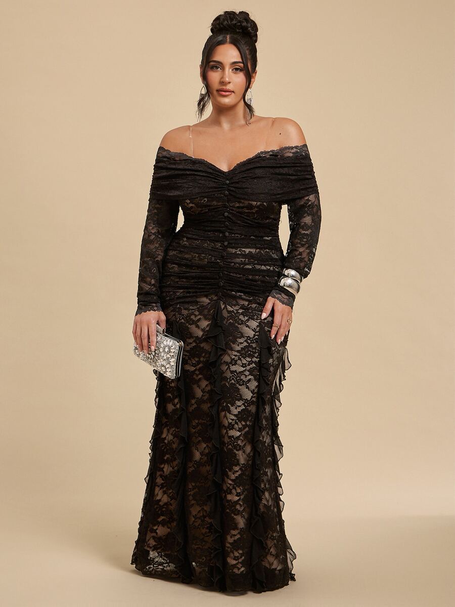 SHEIN BAE CURVE Plus Size Women's Lace Ruffle Long Sleeve Pleated Patchwork Ruffle Elegant Dress,Sophisticated Women's Black Lace Ruffle Long Dress With Stateme - Black - View 1