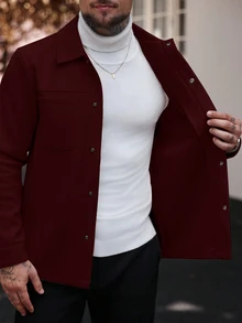 Manfinity CasualCool 男士純色休閒長袖大衣，適合秋冬穿著，灰色鈕扣開襟大衣 - 酒紅色 - 查看 4