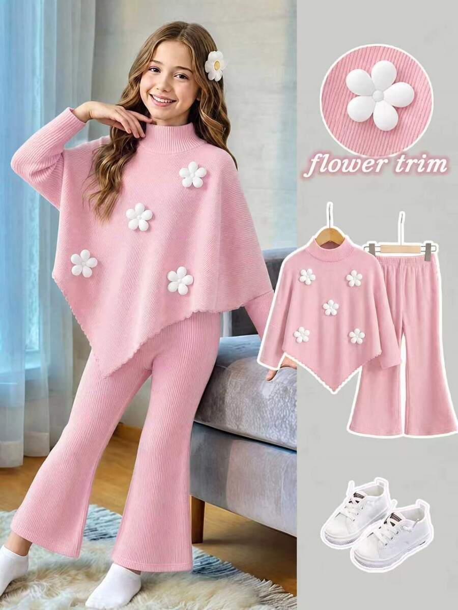 Casuvi Kids Tween Girls 3D Petal Cozy Fall Winter Brushed Waffle Knit Pullover Top And Flared Pants 2pcs Set - Pink - View 1