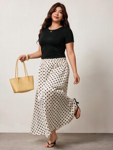 Enliva Plus Size Satin Polka Dot A Line Maxi Skirt Apple - Beige - View 4