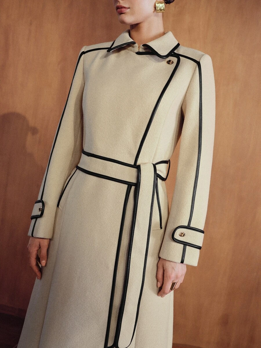 MOTF PREMIUM MINIMALIST ELEGANT PU LEATHER CONTRAST TRIM WAIST-CINCHING MID-LENGTH COAT - Apricot - View 2