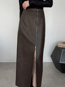 FRIFUL Women's Solid Color Slit Design Casual Daily Wear Skirt - Black - View 4