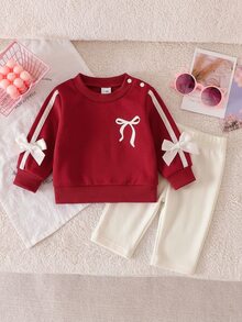SHEIN 3件組女嬰可愛甜美酒紅色蝴蝶結緞帶側條紋長袖圓領休閒款秋季度假毛衣褲舒適套裝 - 酒紅色 - 查看 3