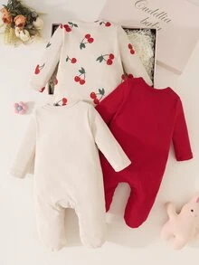 3件組女嬰連身褲可愛甜美粉色奶油色羅紋櫻桃印花按扣長袖圓領休閒款秋季保暖公主風嬰兒內衣 - 紅色 - 查看 2