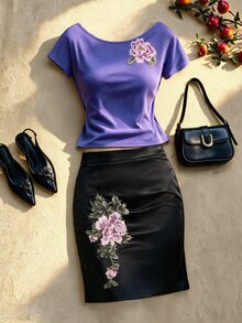 EastFlair Plus Size Women's Floral Print Casual Daily Short Sleeve Top - Purple - View 2