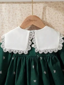 Souflis Souflis 幼女 A 字裙 可愛甜美 深綠色 蕾絲蝴蝶結印花 百褶長袖圓領 常規款 生日派對 秋季保暖 公主學院風 - 彩色 - 查看 4