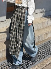FRIFUL Women's Plaid Side Buckle Design Slit Skirt - Black - View 7